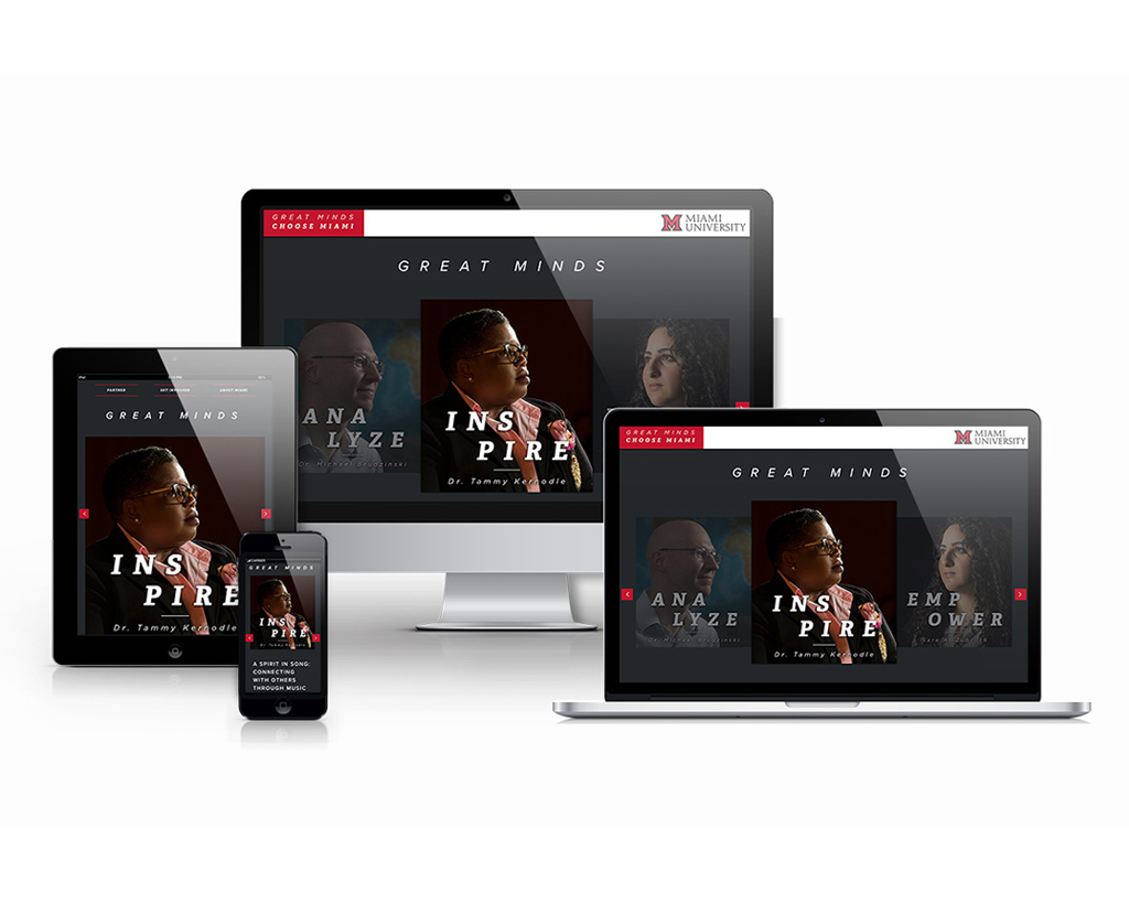 Mockups of Great Minds Choose Miami integrated marketing campaign website on various Apple devices